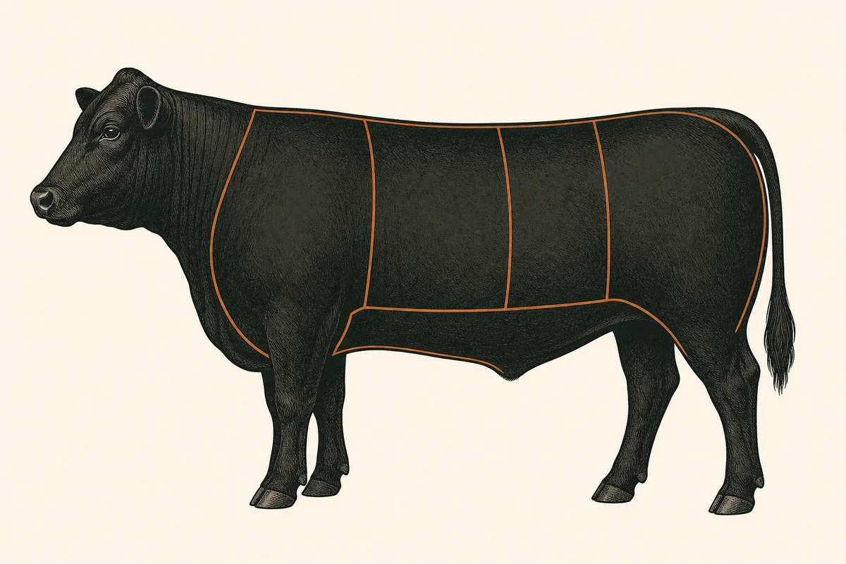 Side-view beef diagram divided into primal sections