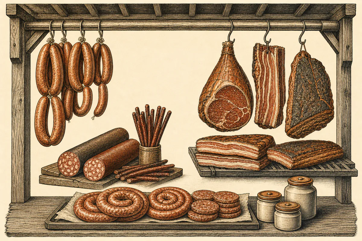 Open smokehouse display with links, summer sausage, cured meats, and fresh sausage